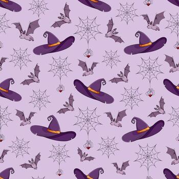 Halloween pattern with bats and witch hats vector