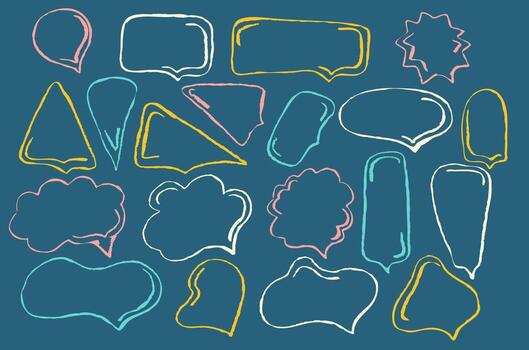 Crayon speech frame for text. Chalk talk box with doodle line. Cute pencil balloon for sketch chat. Dialogue bubble label with scribble decoration child design. Comic think or speak ornament element. vector