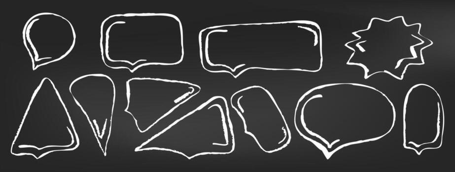 Chalk speech frame for hand drawn text. Pencil doodle balloon on chalkboard for chat. Simple dialogue bubble for comic handwriting think element with rough texture. Sketch scribble message design. vector