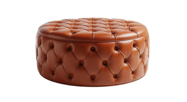 Classic tufted round leather ottoman with button detailing on a white background photo