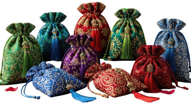 Vibrant assortment of ornate silk drawstring pouches with tassels photo