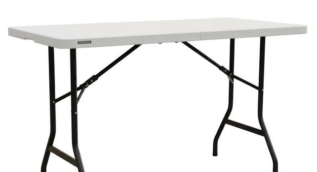 Lightweight foldable white top table with black metal legs for events and parties photo