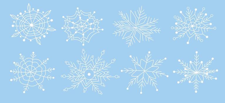 blanco copos de nieve en un azul antecedentes en garabatear estilo. dibujado a mano copo de nieve ilustración. festivo escarchado elementos en un minimalista estilo. copo de nieve iconos, nieve símbolo vector