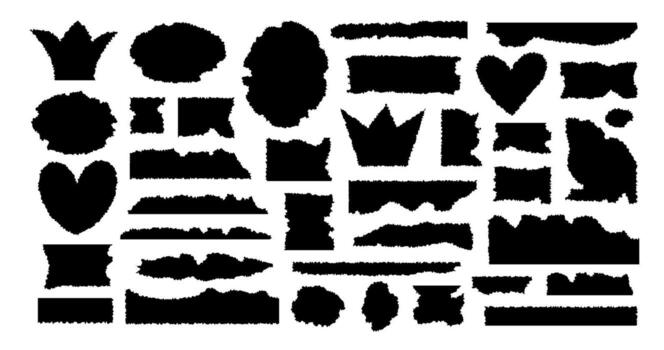 Set of jagged shapes with rough edge. Crown, heart, torn paper grunge frame collage vector