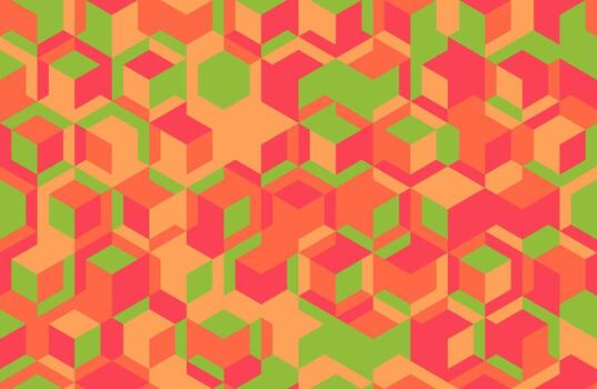 Vibrant geometric pattern featuring interlocking cubes in shades of coral, orange, and lime green. Perfect for backgrounds, textiles, or modern design projects. vector