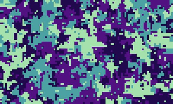 Abstract pixelated camouflage pattern in teal, purple, and dark violet. Perfect for backgrounds, textiles, or digital design projects needing a unique, modern, and slightly mysterious feel. vector