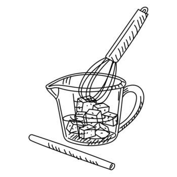 Jug with soap base cut into cubes, whisk stirring, dissolving, in doodle. DIY, production. Soap-making. Preparation. Flat, graphic illustration. Creative. projects, workshops, design, education vector