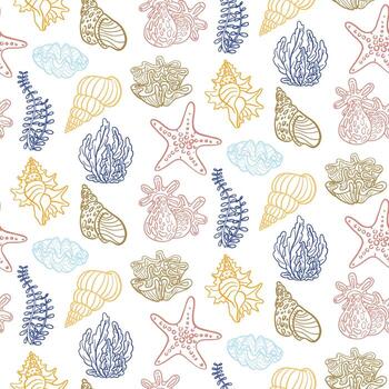 Seamless pattern with marine life elements. Delicate contoured coral, shells, starfish and seaweed. Perfect for textile design, wallpaper, wrapping paper, summer themes or beach projects. vector