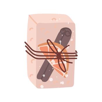 Orange rectangular bar of soap with cinnamon and slice of grapefruit tied with twine, handmade. Flat illustration with white noise splashes. eco-friendly cosmetics, spas, wellness, packaging vector