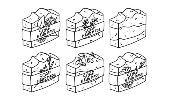 set of handmade rectangular soap bars with various additives. outline illustration. Packaging with text. Graphics. Perfect cosmetics, spa, packaging design, eco-friendly product presentation vector