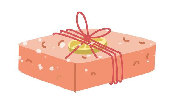 Orange rectangular bar of soap with lemon slice tied with twine. Handmade. Flat illustration with white noise splashes. Perfect eco-friendly cosmetics, spa, wellness, packaging or presentation vector