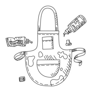 un delantal cubierto en pintar desde un tubo y un tarro en el garabatear estilo. contorno plano ilustración, gráficos. creativo trabajo con tintes. para proyectos, Talleres de trabajo, producto diseño, o educativo propósitos. vector