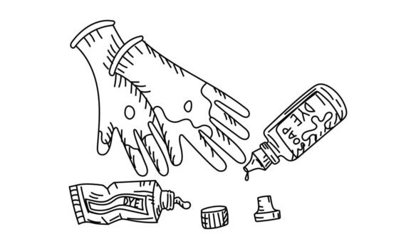 guantes cubierto en pintar desde un tubo y un tarro en un garabatear estilo. contorno plano ilustración, gráficos. creativo trabajo con tintes. para proyectos, Talleres de trabajo, producto diseño, o educativo propósitos. vector