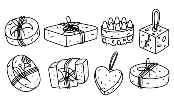 conjunto de garabatear de varios hecho a mano jabón piezas con diferente aditivos contorno ilustración. embalaje texto. gráficos. Perfecto para productos cosméticos, spa, embalaje diseño, presentación Respetuoso del medio ambiente vector