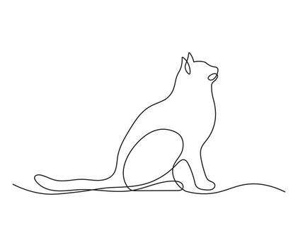 Continuous One Line Drawing of Sitting Cat Looking Up. Simple Minimalist Design vector