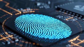 digital impressão digital em microchip simboliza avançado biométrico segurança e autenticação. conceito do seguro dados proteção dentro complexo digital sistemas video