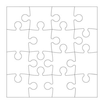 Puzzle pieces thin contour isolated on white background. Jigsaw puzzle game square template with angles. Outlines puzzle pieces. Adjustable, editable simple mockup. vector