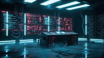 avancerad data Centrum med lysande röd gränssnitt, servrar, och invecklad ledningar, skapande en trogen och intensiv atmosfär video