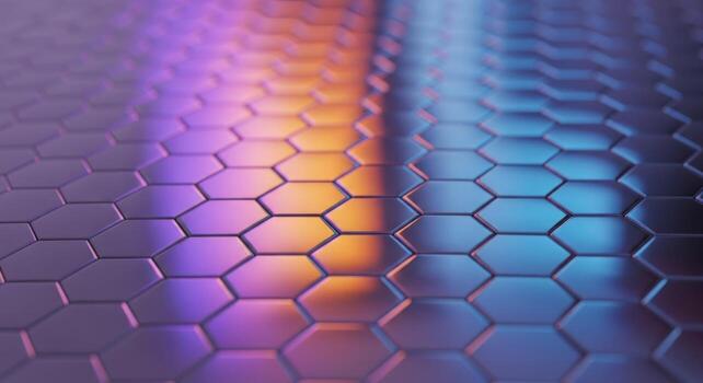 Abstract hexagonal pattern with vibrant purple orange and blue gradients futuristic technology design photo