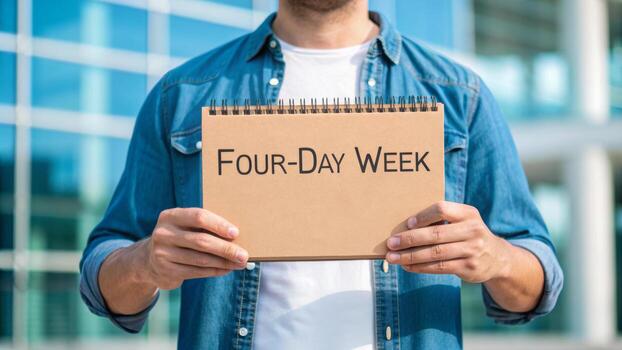 Four day workweek sign held by person promoting shorter workweek and improved productivity and balance photo