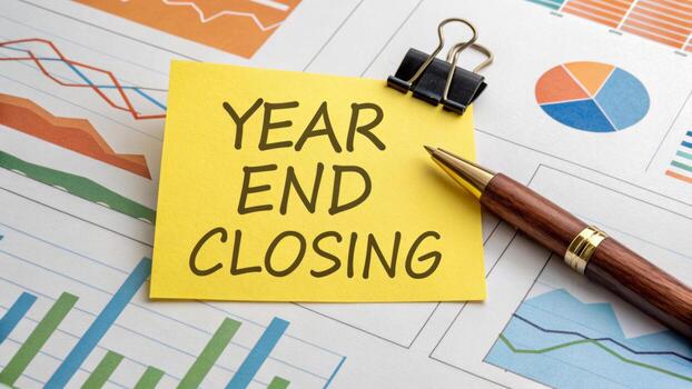 Year end review new finance report with pen on note showing end review and closing mood photo