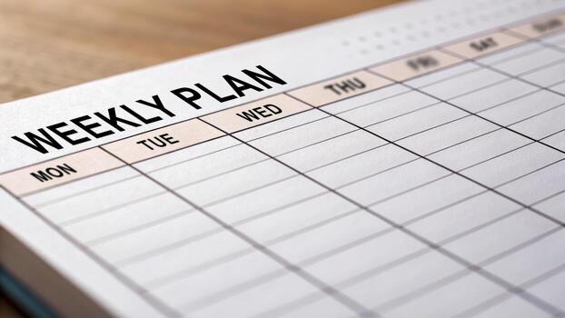 Weekly plan calendar four day workweek schedule template for organizing tasks and balancing time with calm focused mood photo