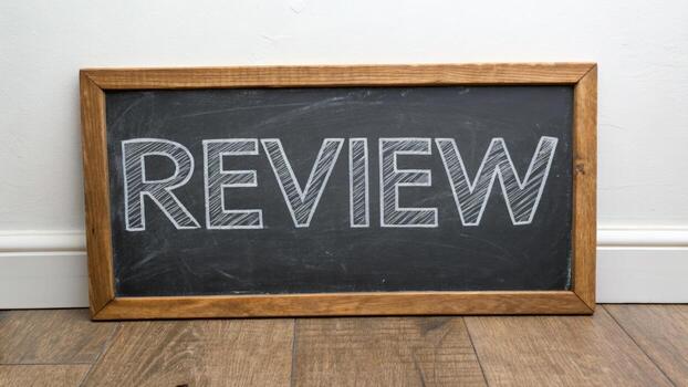 Review chalkboard frame wooden floor year end review new optimistic message on rustic blackboard photo