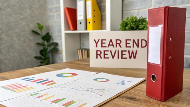Year end review new financial report with colorful charts and red binder on office desk presenting summary and optimistic tone photo