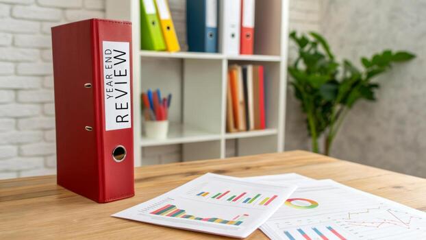 Year end review new financial report with colorful charts and business binder on office desk showing analysis and calm focus photo