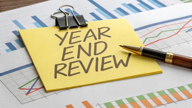 Year end review report note on yellow pad with pen on financial chart paper showing performance trends and reflective mood photo