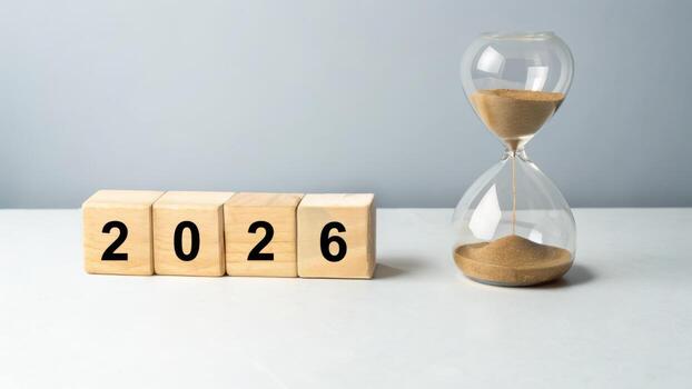 2026 año final revisión nuevo metas y hora concepto con de madera bloques y reloj de arena reflejando reflexión y urgencia foto