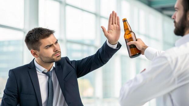 Sober no alcohol party man refusing bottle at workplace party colleagues office conflict calm assertive photo