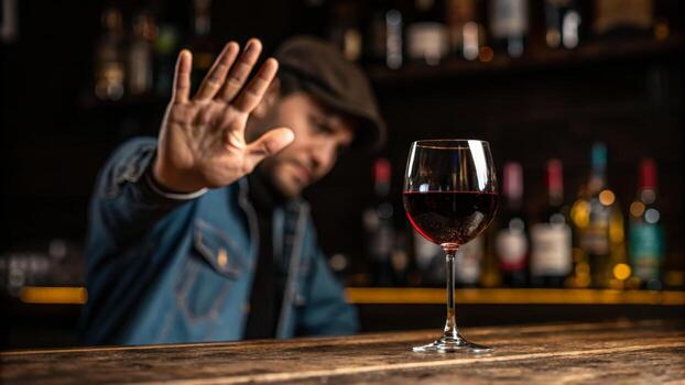 Sober party no alcohol party man refusing wine glass at bar creating determined mood photo