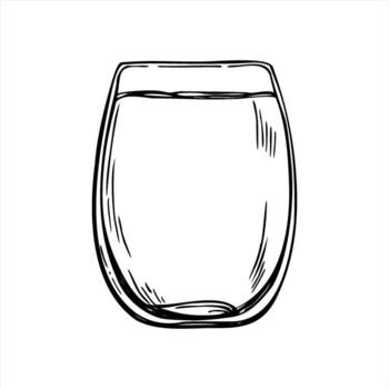 Full glass with non alcoholic drink monochrome isolated illustration in linear outline style. Purity water or tonic, juice in etching drawing style. Glassware sketch for menu, hydration design vector