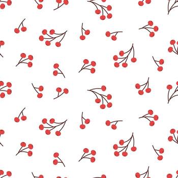Seamless pattern with cartoon branches with red berries on white background. Viburnum or mountain ash berries pattern for print, fabric, wrapping paper. vector