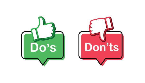 hacer y no habla burbuja íconos - verde pulgares arriba y rojo pulgares abajo plano diseño para guía y instrucción. vector