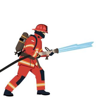 Firefighter with hose spraying water vector
