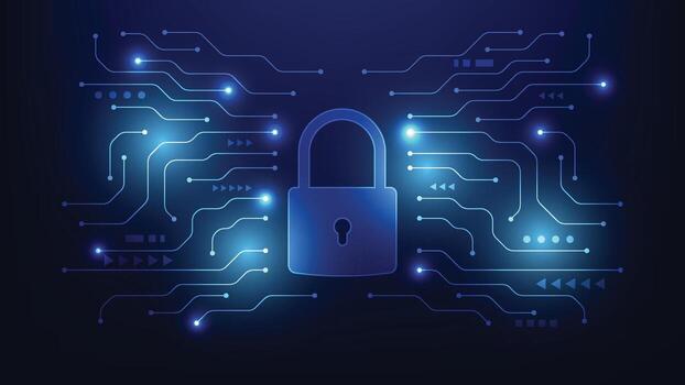 cyber security. digital padlock with hi tech circuit board on blue background vector