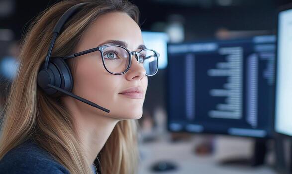 Technology support specialist wearing glasses and a headset, actively engaged in a customer call. Computer screen with program code is visible in the background. photo
