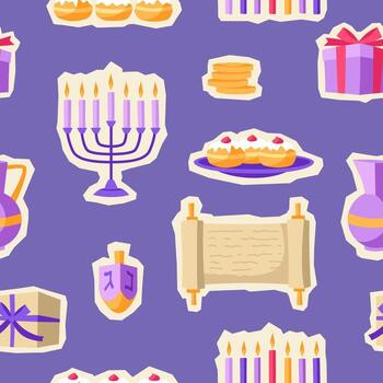 Happy Hanukkah pattern with stickers. Background with holiday paper objects. vector