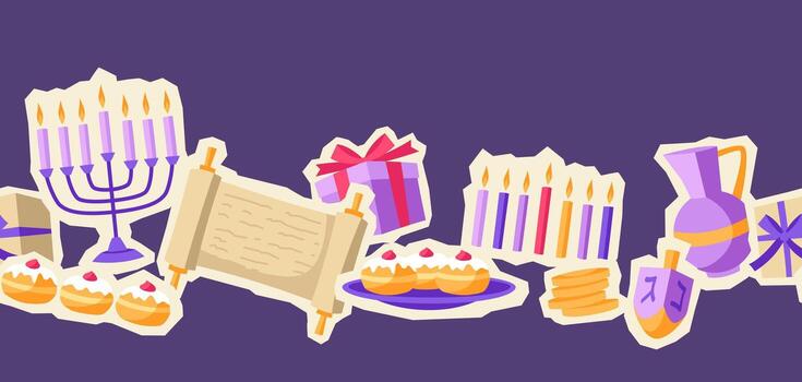 Happy Hanukkah pattern with stickers. Background with holiday objects. vector