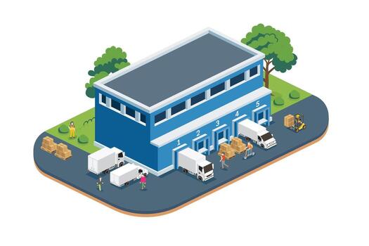 Warehouse with trucks and workers vector
