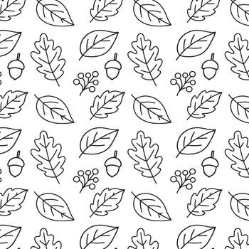 Repetitive pattern featuring hand-drawn leaves, acorns, and branches in a monochromatic style, ideal for textile design, wallpapers, and nature-themed projects vector
