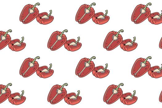 Hand-drawn illustration of red bell peppers, showcasing whole and sliced pieces, arranged in a repetitive pattern for culinary and design applications vector