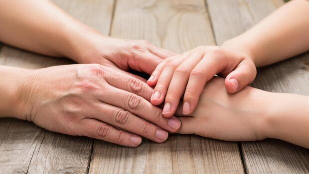 supportive partnership between two people of different generations. Young and old hands together showing care, trust, and family connection photo