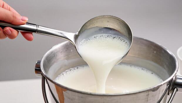 Hand scooping fresh milk from a metal bucket with a ladle, showing a white liquid dairy product being poured with a clean, simple background. photo