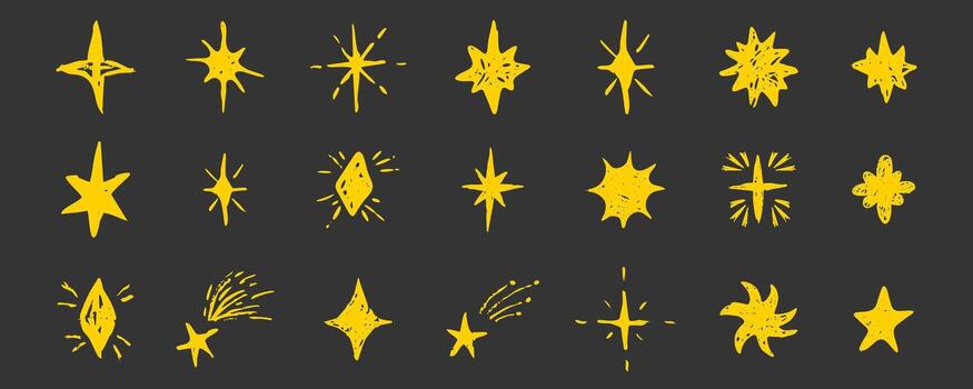 estrella lápiz de color conjunto tiza lápiz mano dibujado Escribiendo bosquejo diseño elemento. texturizado colección brillar figura colegio Escribiendo bg. lápiz de color centelleo parpadear, Fuegos artificiales, Brillantina silueta y brillante símbolos vector