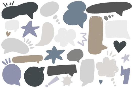 Crayon Speech Bubble Frame. Crayon text box set with black and white hand drawn speech bubbles, stars, hearts and doodles. Elements for chat, communication, stickers and creative design. vector