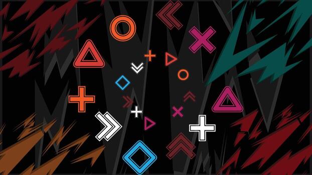 Dynamic Abstract Digital Game Controller Symbols Background. Dark E-Sport Banner with Vibrant Neon Outline Shapes, Arrows, and Geometric Lightning Shards vector