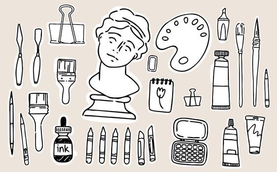 A set of elements for artists and architects, hand-drawn doodle style elements for an art studio vector
